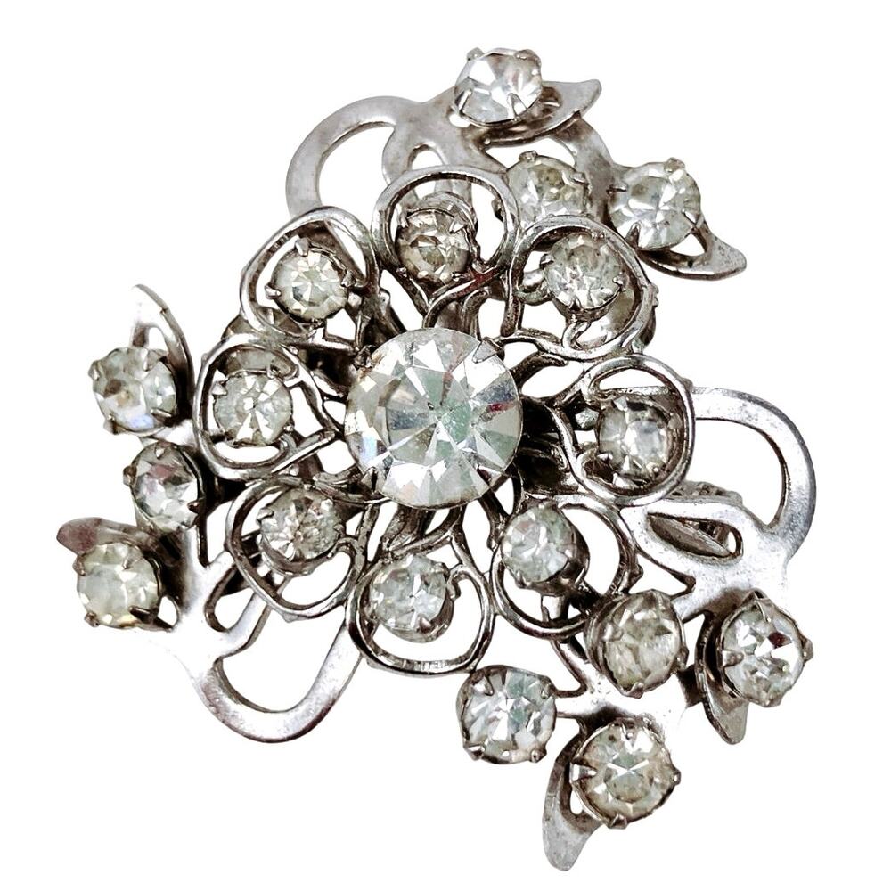 Vintage 1950s Mid Century Silver Tone Rhinestone Layered Floral Brooch Pin